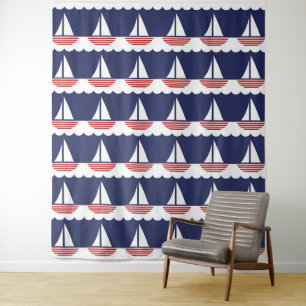 Nautical Sailboat Pattern Navy Blue and Red Tapestry