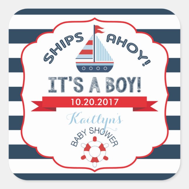 Nautical Sailboat Red Boy Baby Shower Label (Front)