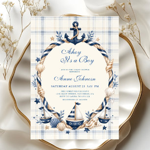Nautical Sailboat Rope Anchor Navy Blue Boy Shower Invitation