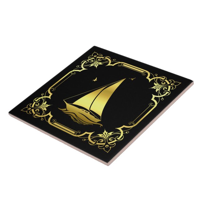 Nautical sailboat sailing silhouette/gold/black tile (Side)