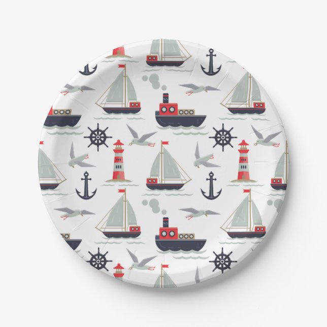 Nautical Sailboat Sailor Baby Boy Shower Party Paper Plate (Front)