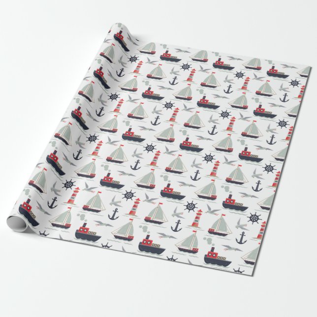 Nautical Sailboat Sailor Baby Boy Shower Party Wrapping Paper (Unrolled)