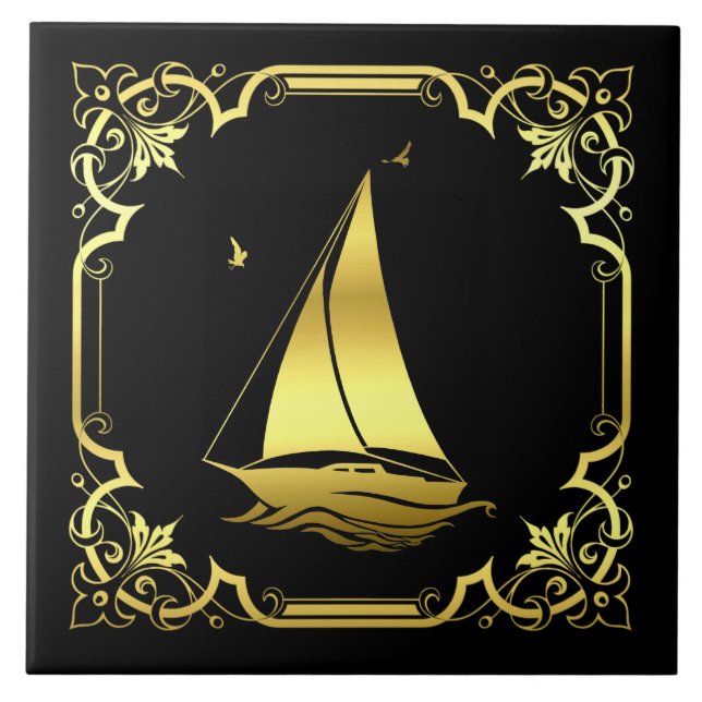 Nautical sailboat silhouette/gold/black tile (Front)