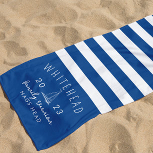 Nautical Sailboat Stripe Blue Monogram Beach Towel