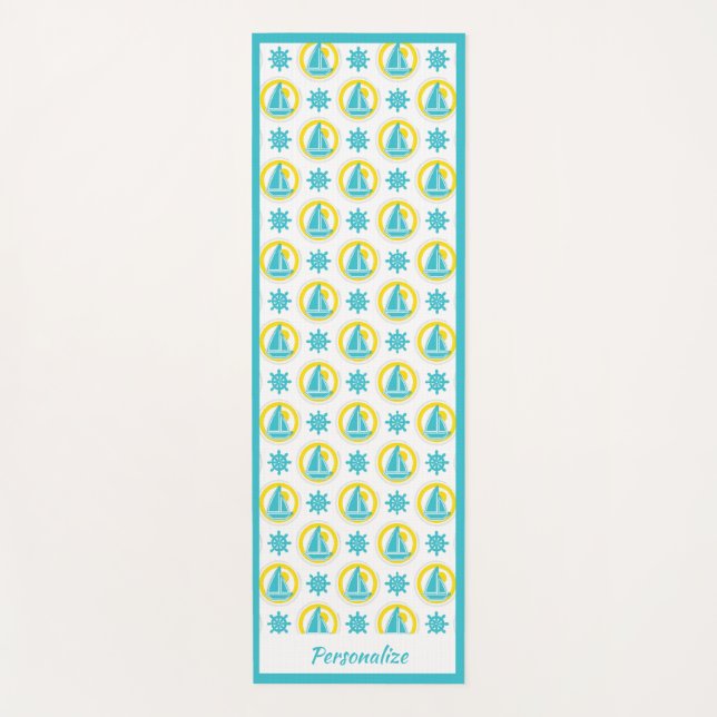 Nautical Sailboat Teal Yellow Zen Yoga Namaste Mat (Front)