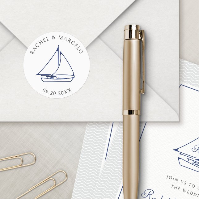 Nautical Sailboat Wedding Classic Round Sticker (Creator Uploaded)