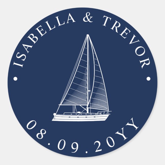 Nautical Sailboat Wedding Date Classic Round Sticker (Front)