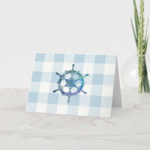 Nautical Sailboat Wheel Blue Gingham Pattern Card