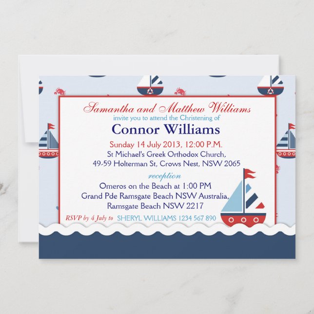 Nautical Sailboats Baptism Invitation (Back)