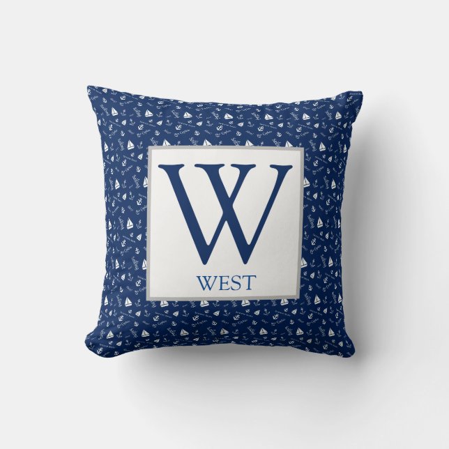 Nautical Sailboats Navy Blue Initial  Cushion (Front)