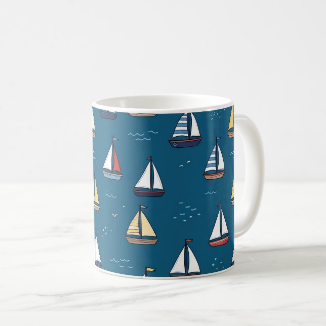 Nautical Sailboats Pattern Coffee Mug (Front Right)