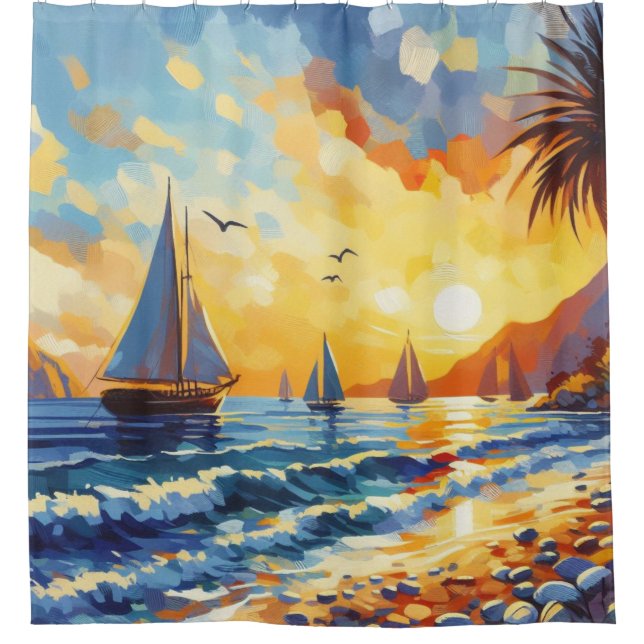 Nautical Sailboats Sunset Tropical Beach Shower Curtain (Front)