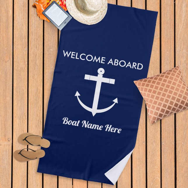 Nautical Sailing Anchor Navy Blue Welcome Aboard Beach Towel (A beach towel with 'Welcome Aboard' anchor and custom boat name, in nautical navy blue and white)