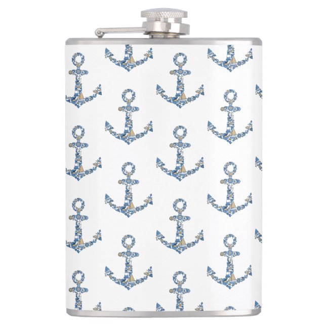 Nautical Sailing Boat Anchor Unusual Collage Hip Flask (Front)