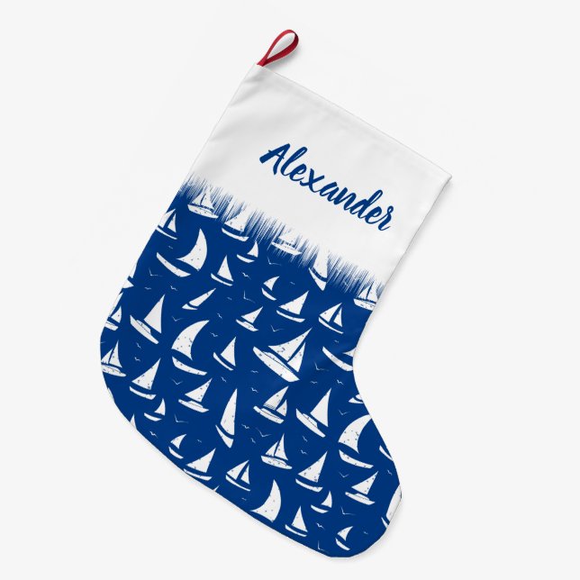 Nautical Sailing Boats and Yachts White on Blue Large Christmas Stocking (Front (Hanging))