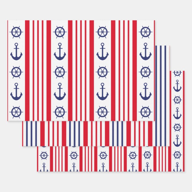Nautical Sailing Red White Blue Stripes Anchor  Wrapping Paper Sheet (Set)