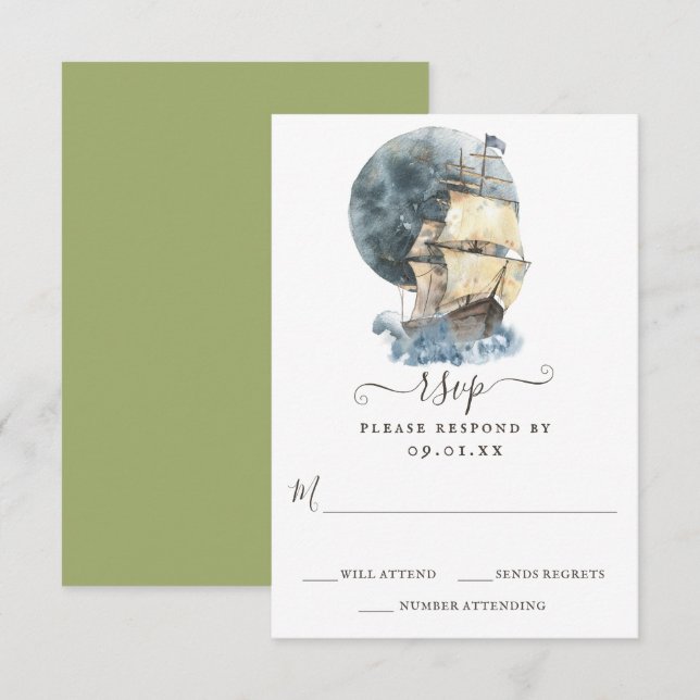 Nautical Sailing Ship Beach Destination Wedding RSVP Card (Front/Back)