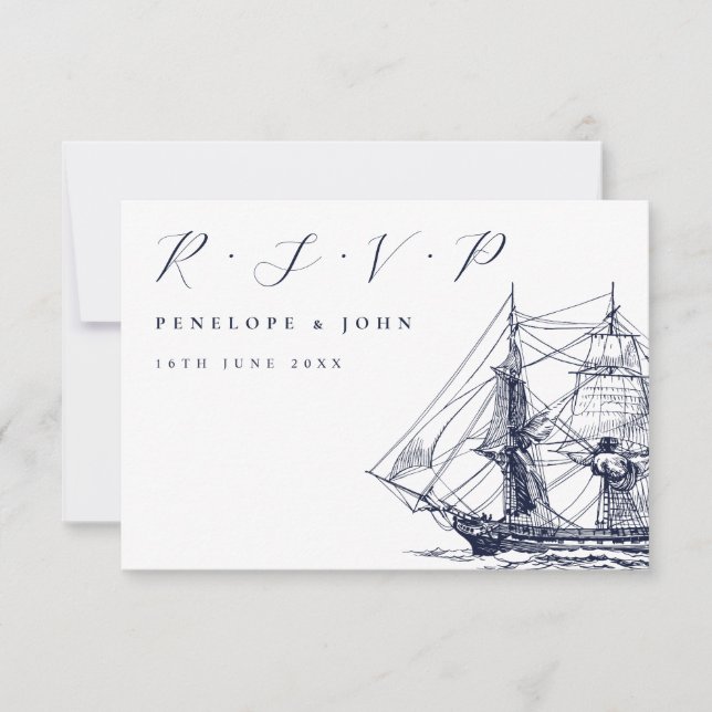 Nautical Sailing Ship Illustration Script Wedding RSVP Card (Front)