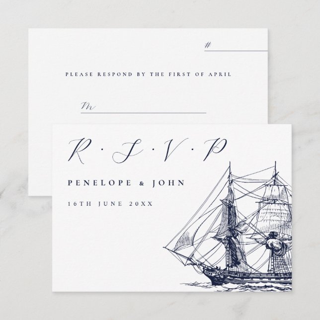 Nautical Sailing Ship Illustration Script Wedding RSVP Card (Front/Back)