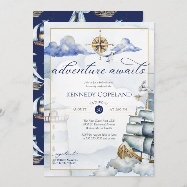 Nautical Sailing Ship New Adventure Baby Shower In Invitation (Front/Back)