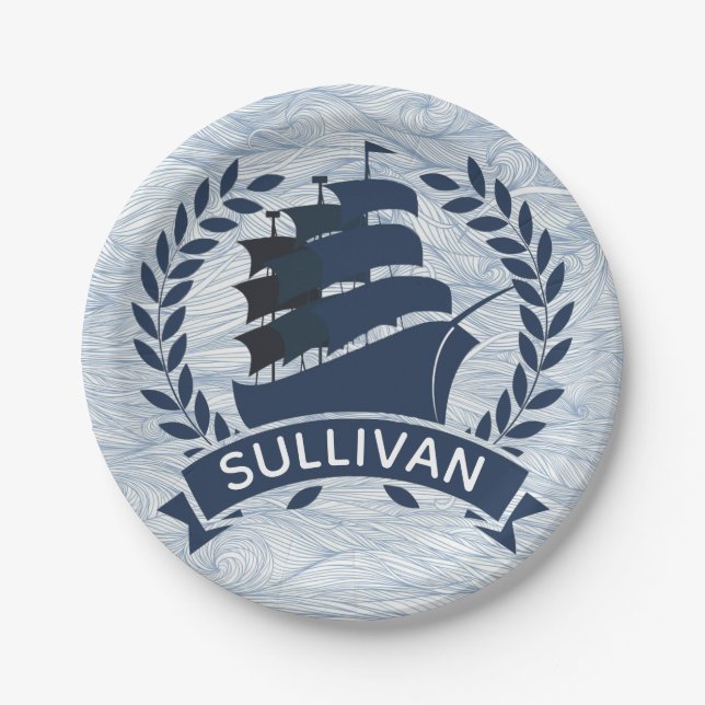 Nautical Sailing Ship | Ocean Waves Personalised Paper Plate (Front)