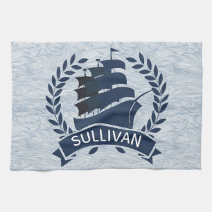 Nautical Sailing Ship   Ocean Waves Personalised Tea Towel
