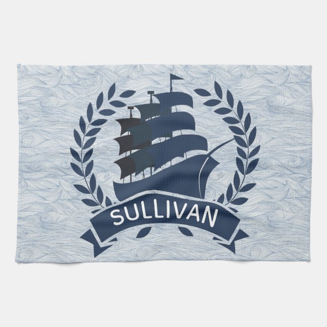 Nautical Sailing Ship | Ocean Waves Personalised Tea Towel (Horizontal)