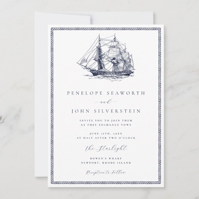 Nautical Sailing Ship Rope Frame Classic Wedding Invitation (Front)