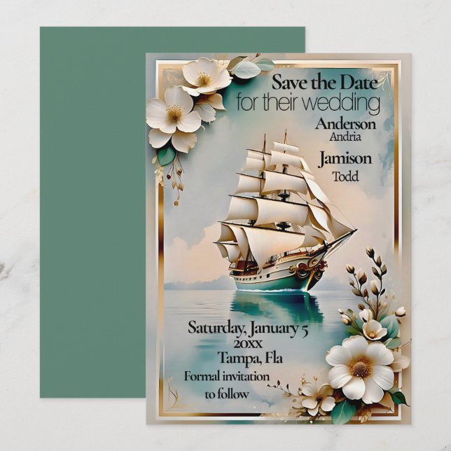 Nautical sailing ship wedding save the date (Front/Back)