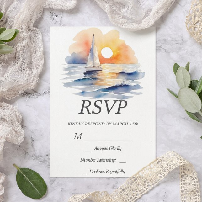 Nautical Sailing Sunset Watercolor Summer Ocean RSVP Card (Sailing Sunset Coastal RSVP Wedding Card)