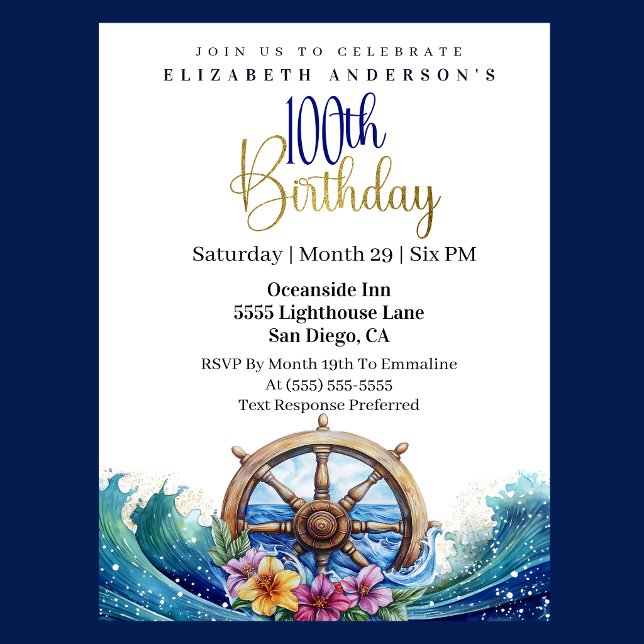 Nautical Sailing Wheel 100th Birthday Invitation (Nautical sailing wheel ocean waves floral 100th birthday invitation in navy blue and gold
)