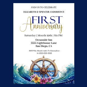 Nautical Sailing Wheel 1st Wedding Anniversary Invitation