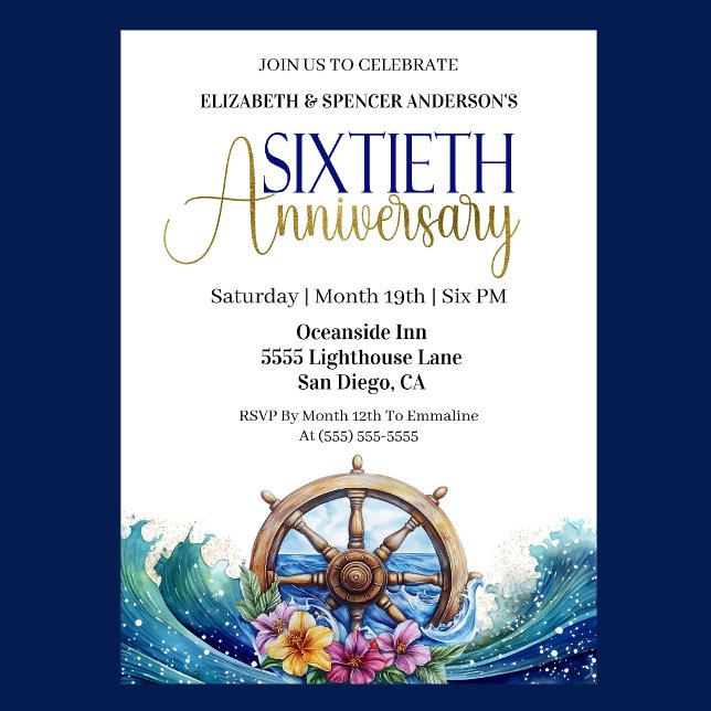 Nautical Sailing Wheel 60th Wedding Anniversary Invitation (Nautical 60th wedding anniversary invitation with ship wheel, ocean waves, and tropical flowers )
