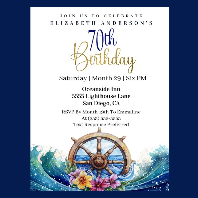 Nautical Sailing Wheel 70th Birthday Invitation (Nautical sailing wheel ocean waves floral 70th birthday invitation in navy blue and gold
)