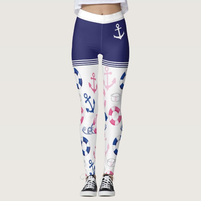 Nautical Sailor Anchor, Buoy and Bucket Hat Trendy Leggings (Front)