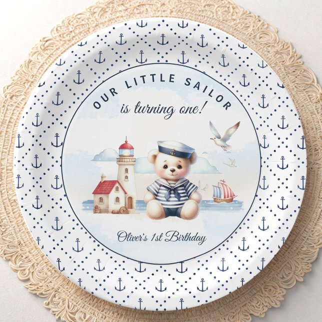 Nautical Sailor Bear 1st Birthday Anchor Pattern Paper Plate (Nautical Sailor Bear 1st Birthday Anchor Pattern Paper Plates)