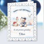 Nautical Sailor Cute Bear 1st Birthday Boy Card<br><div class="desc">Nautical 1st Birthday folded card featuring an adorable teddy bear in a sailor outfit,  boat and lighthouse. Watercolor anchor pattern frame and back side. Easily personalise the text. - Kate Eden Art</div>