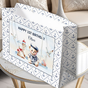 Nautical Sailor Cute Bear Boy 1st Birthday Large Gift Bag