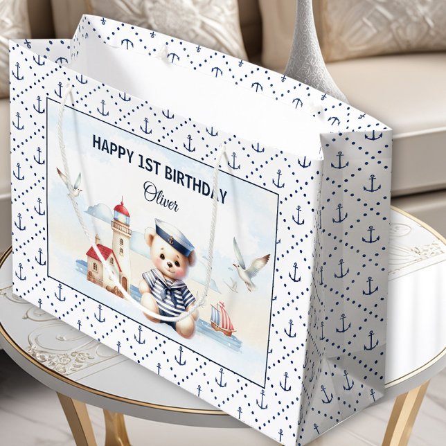 Nautical Sailor Cute Bear Boy 1st Birthday Large Gift Bag (Nautical Sailor Cute Bear Boy 1st Birthday Large Gift Bag)