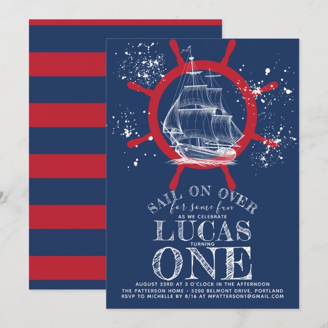 Nautical Sailor First Birthday Blue Invitation (Front/Back)