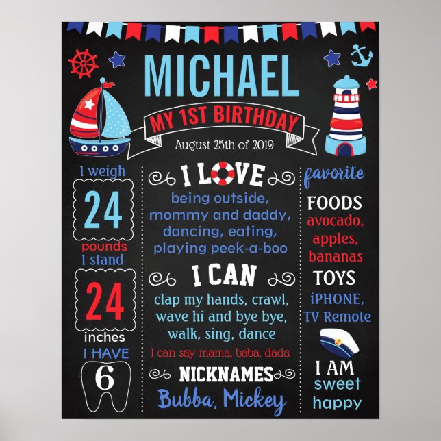 Nautical Sailor First birthday board Poster (Front)
