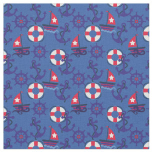Nautical   Salboats and Anchors   Navy Blue, Red Fabric