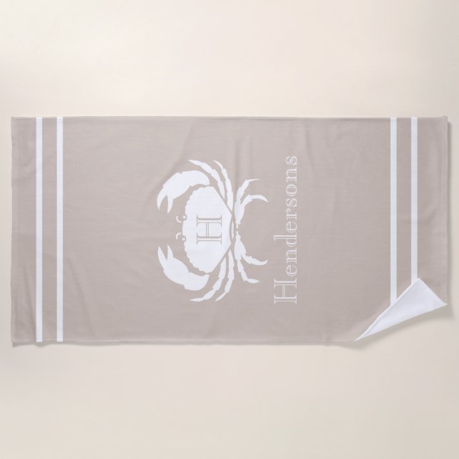 Nautical Sand Tan Taupe White Crab Monogram Name Beach Towel (Front)