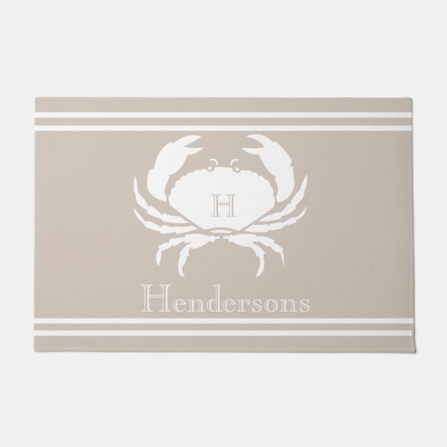Nautical Sand Tan Taupe White Crab Monogram Name Doormat (Front)