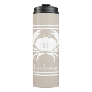 Nautical Sand Tan Taupe White Crab Monogram Name  Thermal Tumbler