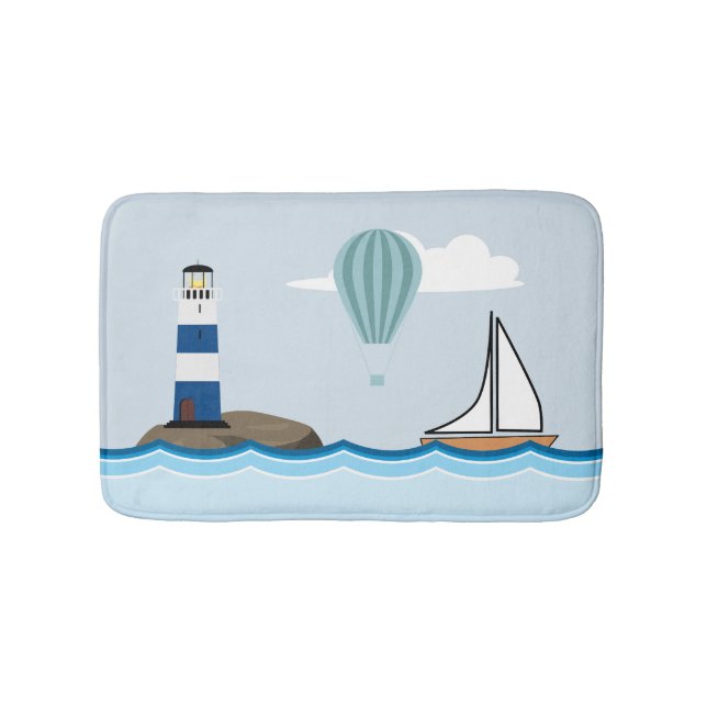 Nautical Scene with Lighthouse and Sailboat Bath Mat (Front)