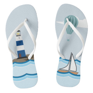 Nautical Scene with Lighthouse and Sailboat Flip Flops