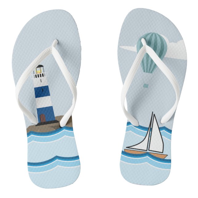 Nautical Scene with Lighthouse and Sailboat Flip Flops (Footbed)