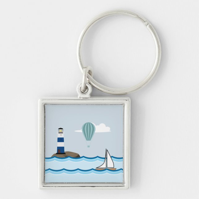 Nautical Scene with Lighthouse and Sailboat Key Ring (Front)