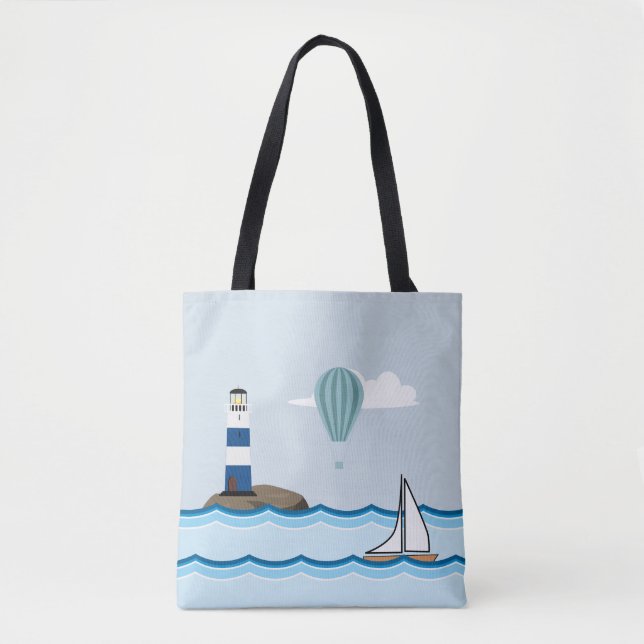 Nautical Scene with Lighthouse and Sailboat Tote Bag (Front)